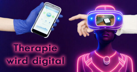 Theerapie wird digital, das Bild zwigt ein Handy, eine Smartwatch und einee Art Cyberwesen mit Neonsiluette und VR-Brille