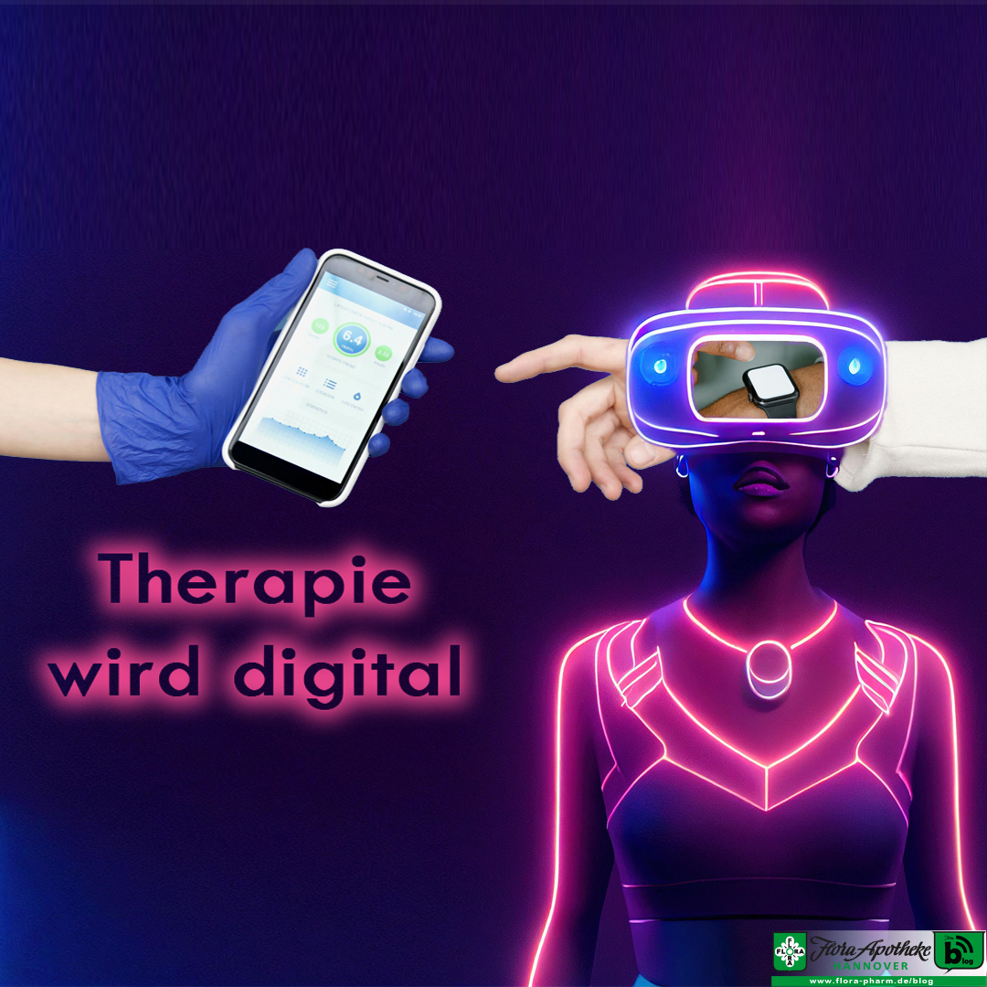 Theerapie wird digital, das Bild zwigt ein Handy, eine Smartwatch und einee Art Cyberwesen mit Neonsiluette und VR-Brille
