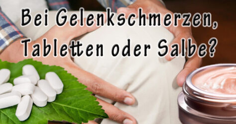 Was ist besser bei Gelenkschmerzen? Salbe oder Tabletten? Im Bild sind links Tabletten und rechts Salbe zu sehen. Im Hintergrund hält ein Mann mit beiden Händen sein Knie.