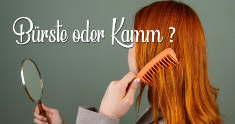 Eine rothaarige Frau kämmt sich durch die Haare. Der Text im Bild stellt die Frage, ob Bürste oder Kamm.
