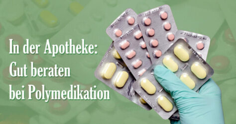 In der Apotheke werden Sie bei Polymedikation gut beraten. Das Bild zeigt eine Hand, die verschiedene Tabletten in Blistern hochhält.