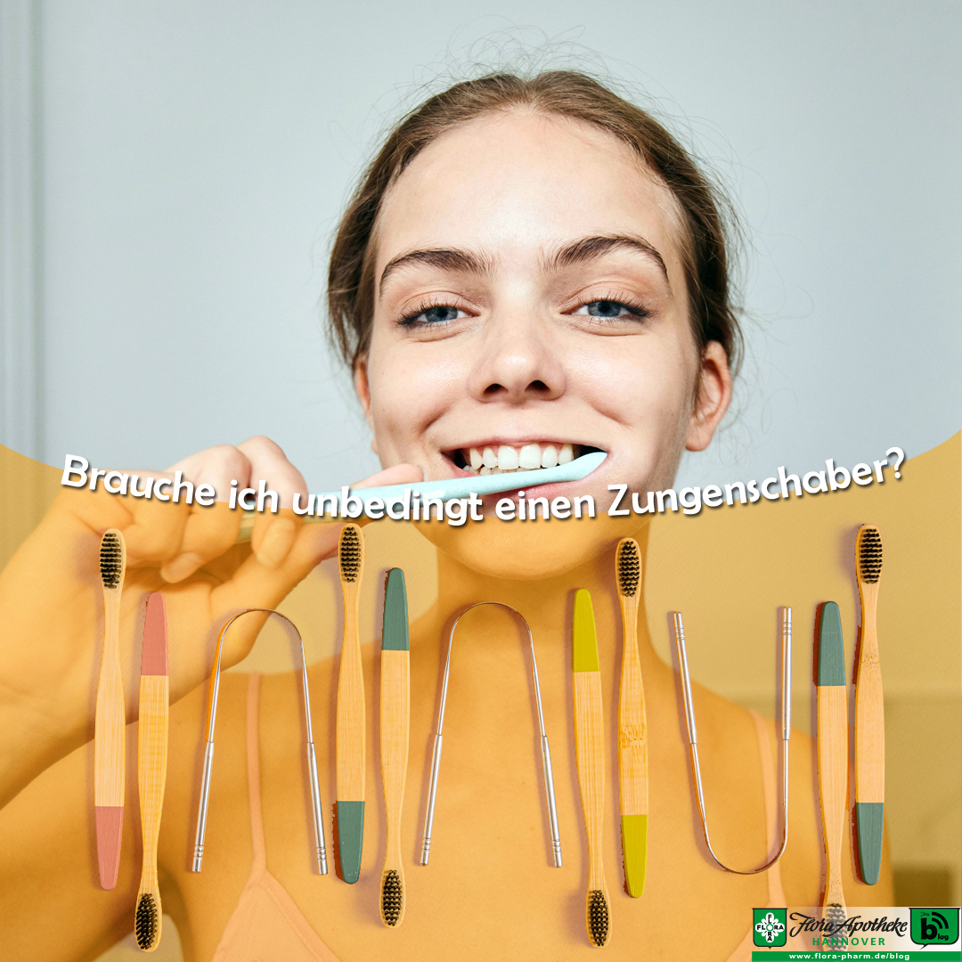 Eine junge Frau lächelt bei der Zahnpflege. Unten im Bilde sind Zahnbürsten und Zungenschaber abgebildet. Der Text in der Mitte fragt: Brauche ich unbedingt einen Zungenschaber?