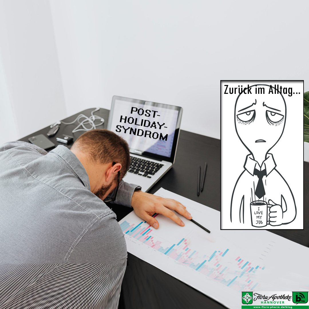 Ein Mann ist über seinem Laptop zusammengebrochen, Kopf auf Unterarm und Tastatur. Zudem haben wir rechts im Bild eine Comicfigur mit Augenringen, gelockerter Kravatte, stressverkräuselten Augenbrauen und einer Kaffeetasse mit Aufschrift "I love my job". Ironie! Das Bild ist ein optischer Teaser für den Artikel Post-Holiday-Syndrom