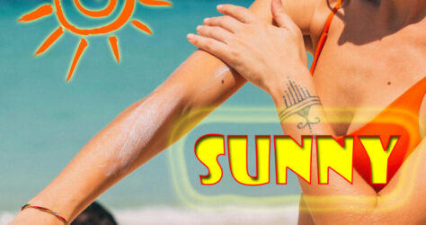 Ein Arm wird mit Sonnencreme eingerieben, groß der Text SUNNY und links oben eine stilisierte Sonne