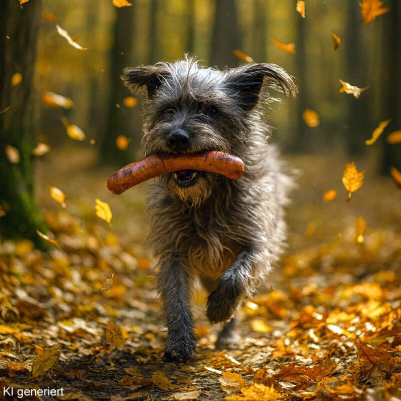 Nunu, ein Hund unseres Chefdruiden, trägt eine Wurst im Maul und rennt durch bunte Herbstblätter im Wald. Das Bild wurde auf Grundlage des echten Hundes von der KI so komponiert und generiert.