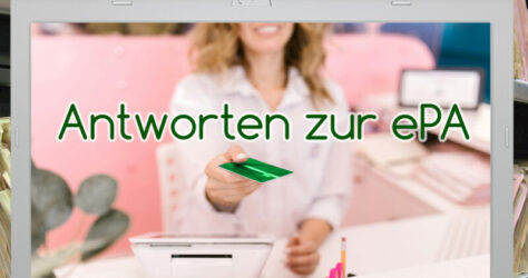 Die elektronische Patientenakte - kurz ePA - bringt Fragen mit sich, von denen der zugehörige Artikel einige beantwortet. Das Bild zeigt vor den Hintergrund eines Aktenschranks eineen Laptop, auf dessen Bildschirm eine Frau eine Gesundheitskarte in der Hand präsentiert über einem Kartenlesegerät