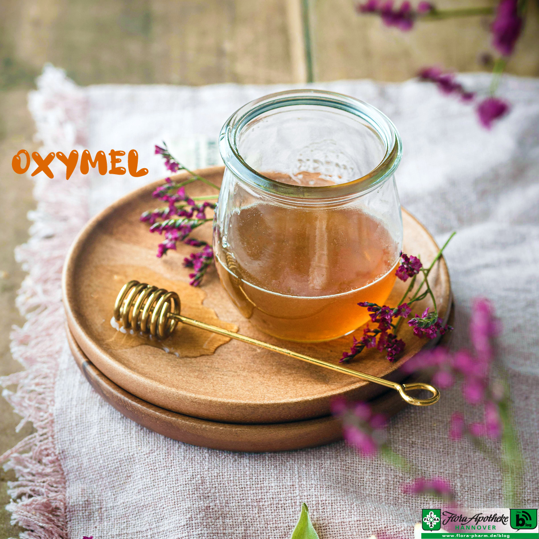 Oxymel - Das Bild zeigt ein Glas mit goldgelber Flüssigkeit und daneben einen Honigportionierer. Oximel ist ein Mix aus Honig, Apfelessiug und Heilkräutern