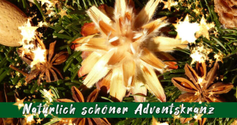Der Schriftzug vor Tannengrün und Zapfen sowie Nüssen sagt: Natürlich schöner Adventskranz. Im Text gibt es DIY-Tipps