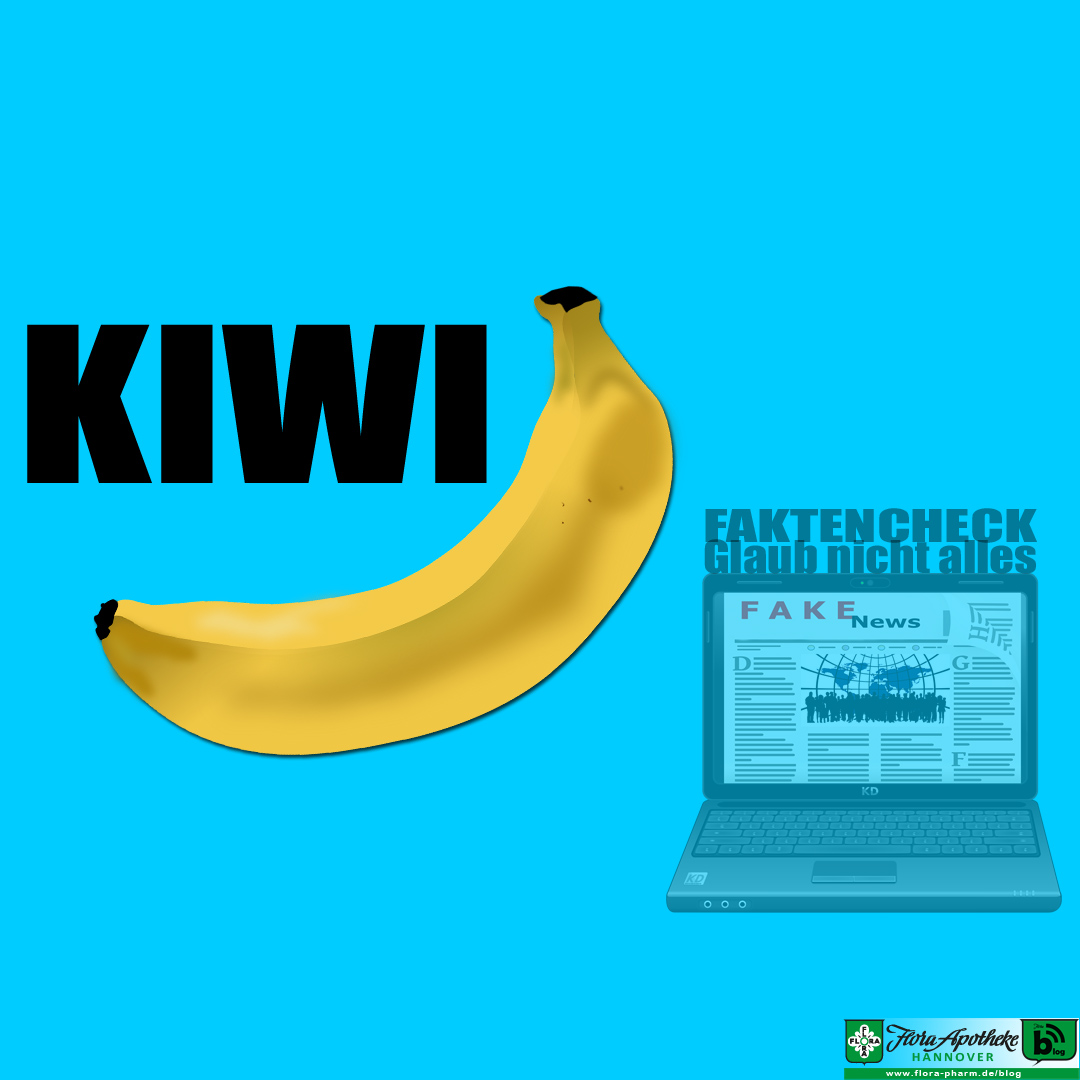 Fake-News & Faktencheck. Das Bild soll den Betrachter verwirren. Auf blauem Hintergrund ist eine gelbe Banane zu sehen, neben der Kiwi geschrieben steht. Man soll eben nicht alles glauben, was man im Web so liest.