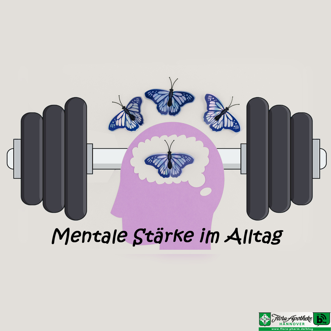 Mentale Stärke im Alltag. Visualisiert wird dies durch einen Kopf und eine Hantel