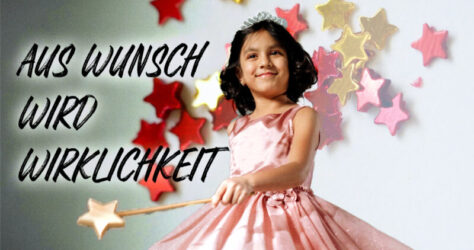 Wünsche werde Wirklichkeit, hier durch ein lächelndes Mädchen mit Zauberstab unter Sternen dargestellt