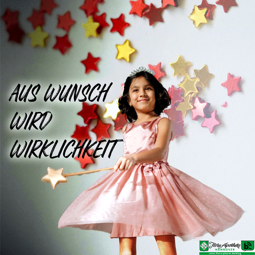 Wünsche werde Wirklichkeit, hier durch ein lächelndes Mädchen mit Zauberstab unter Sternen dargestellt