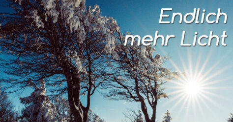 Endlich mehr Licht beschreit der Text im Bild einer Winterlandschaft. Schnee auf den Bäumen, abeer auch eine strahlende Sonne in blauem Himmel. Das Licht soll den Winterblues vertreiben.