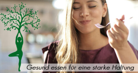 Gesundes Essen kann sich direkt und indirekt auf den Rücken, Rückeenschmerzen und die Haltung auswirken. Zu sehen ist eine essende junge Frau und ein Yoga-Schatteenriss, der in einen Baum übergeht und Gesundheit symbolisieren soll