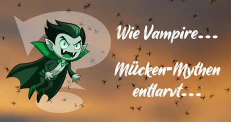 Ein Schwarm Mücken vor abendlichem Himmel bildet den Hintergrund des Bildes. Vorne ist ein Comic-Vampir vor einem Fragezeichen zu sehen. Der Text verweist auf den Inhalt des Artikels: Wie Vampire... Mücken-Mythen entlarvt...