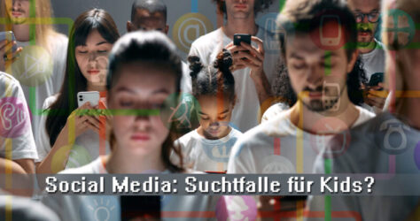 Social Media: Suchtfalle für Kids? Zur Verbildlichung steht eine Gruppe Jugendlicher in einheitlich weißen T-shirts zusammen, jeder schaut auf sein Handy, das fahle Licht der Bildschirme spiegelt sich in den nach unten geneigten Gesichtern. Überlagert ist diese Szenerie von vernetzten Icons