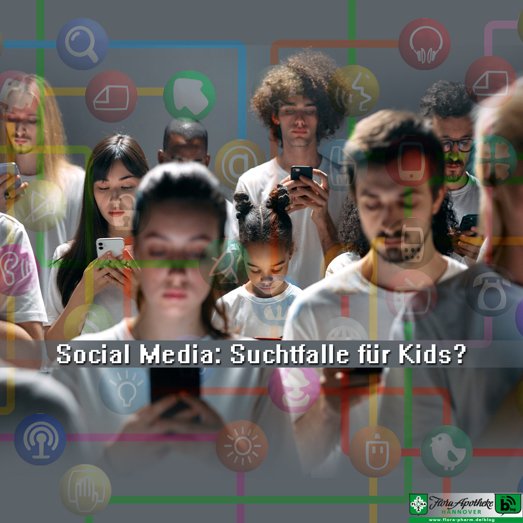 Social Media: Suchtfalle für Kids? Zur Verbildlichung steht eine Gruppe Jugendlicher in einheitlich weißen T-shirts zusammen, jeder schaut auf sein Handy, das fahle Licht der Bildschirme spiegelt sich in den nach unten geneigten Gesichtern. Überlagert ist diese Szenerie von vernetzten Icons